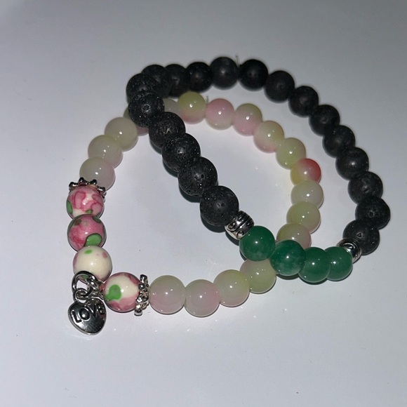Lava Rock & Jade Beaded Bracelet Set – Rose Accent - Picture 3 of 3